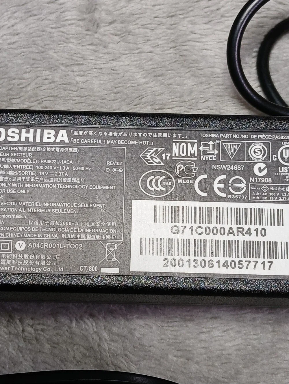 Genuine Toshiba Laptop Charger PA3822U-1ACA 19V 45W Satellite Portege OEM Cord